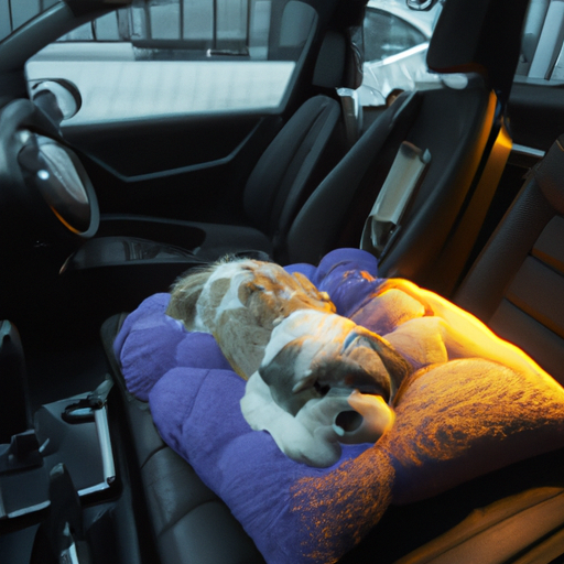 כלב שוכב בנוחות על מזרון כלבים מפואר בתוך מכונית